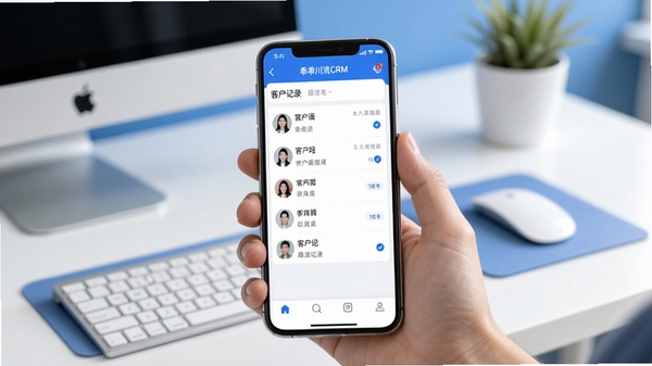�ԹԴ���CRM��������չʾ���ֻ���Ļ����ʾ�ͻ��б��������¼������Ϊ���칫���棬��ɫ���ɫΪ��ɫ����ͻ���ƶ��˿ͻ���������