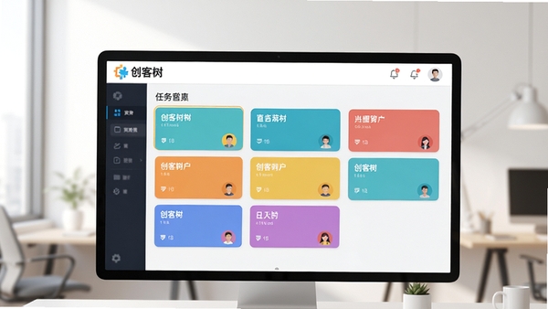 创客树软件主界面展示,清爽的任务看板布局,多个彩色任务卡片整齐排列,顶部有创客树logo,背景为现代简约风格,光线明亮柔和,体现高效协作氛围