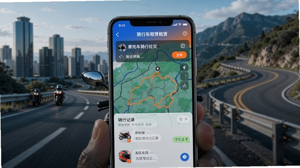 骑圈APP主界面展示,摩托车骑行社交与租赁平台,蓝橙配色,手机屏幕中显示附近可租摩托车地图、骑行轨迹记录和车队聊天界面,背景为城市道路与山间公路,科技感与运动感结合