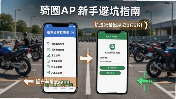 骑圈APP新手避坑指南示意图,手机屏幕显示租车取车检查清单、定位权限设置界面和轨迹记录开启状态,背景为摩托车停车场,突出安全提示与操作步骤
