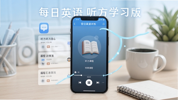 每日英语听力学习版APP官方宣传图,手机屏幕展示听力课程列表与播放界面,清新蓝色调学习场景,突出英语听力训练主题