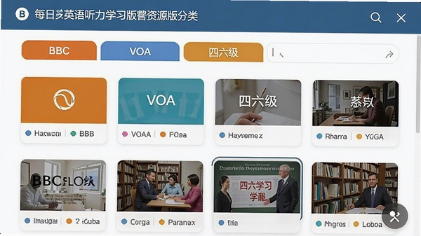 每日英语听力学习版资源分类界面截图,展示BBC、VOA、四六级等频道标签,用户正在浏览选择学习内容