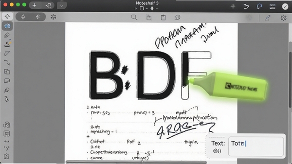 Noteshelf 3软件中导入PDF文件并进行手写批注的操作界面截图,突出显示荧光笔和文字输入框