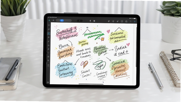 Noteshelf 3手写笔记软件主界面展示,画面中心是一台平板电脑,屏幕上显示着色彩丰富的笔记页面和工具栏,背景是整洁的书桌,整体风格清新专业