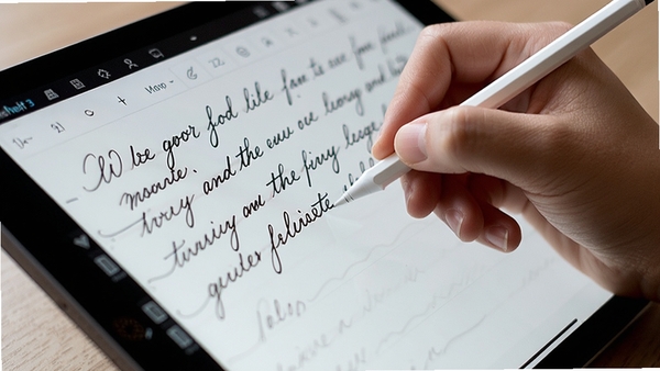 Noteshelf 3在平板电脑上的手写笔记操作特写,展示用户正在用触控笔书写英文花体字,屏幕显示流畅的墨迹效果