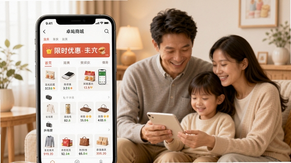 卓屿商城APP首页展示图,手机屏幕中呈现整洁的商品分类导航与限时优惠横幅,背景为温馨的家庭购物场景,色彩明亮柔和,突出掌上购物的便捷与愉悦感