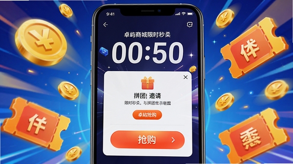 卓屿商城限时秒杀与拼团功能界面示意图,手机画面中显示倒计时数字、抢购按钮和拼团邀请弹窗,周围环绕金币与优惠券图标,风格活泼动感