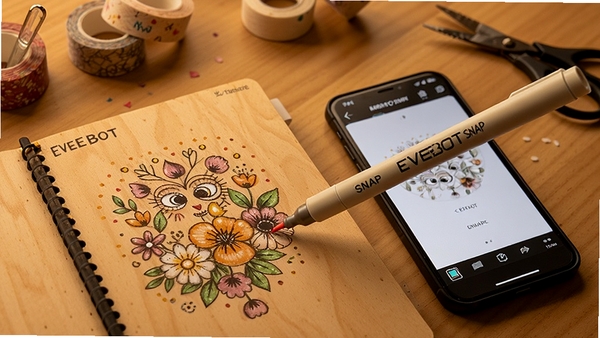 EVEBOT SNAP ��ӡ����ľ�����˱��ϴ�ӡ����ͼ�����Ա߷����ֻ���ʾ�༭���棬ůɫ�����泡�������������Χ��������д