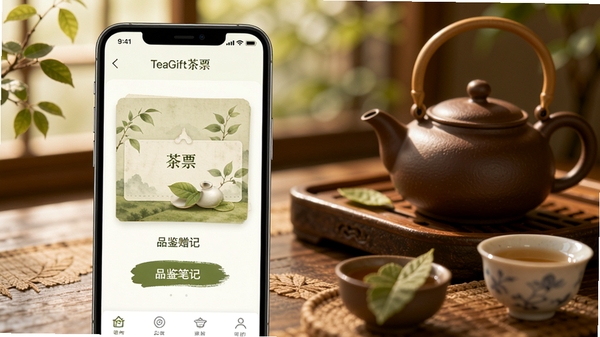 TeaGift��ƱApp����չʾ���ֻ���Ļ�г��ֲ�Ʊ���Ϳ�Ƭ��Ʒ���ʼ�ҳ�棬��������ܰ�Ĳ��һ������в���Ͳ豭���������������£�ͻ���罻��Ʒ������