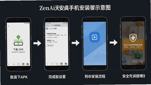 ZenAi安卓手机安装步骤示意图,展示从下载APK到完成安装的流程,包含权限设置界面与安全提示,简洁明了的教程风格插图