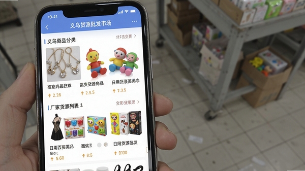 义乌货源批发市场APP首页展示海量商品分类与厂家货源列表,手机屏幕中呈现饰品、玩具、日用百货等批发商品图片,界面简洁明亮,突出找货进货功能,整体风格为真实移动端应用截图