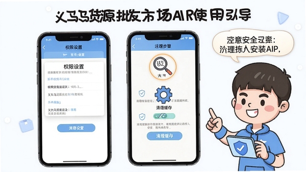 义乌货源批发市场APP使用教程示意图,手机屏幕显示权限设置页面与清理缓存操作步骤,旁边有卡通人物提示注意安装安全,背景简洁,突出新手引导