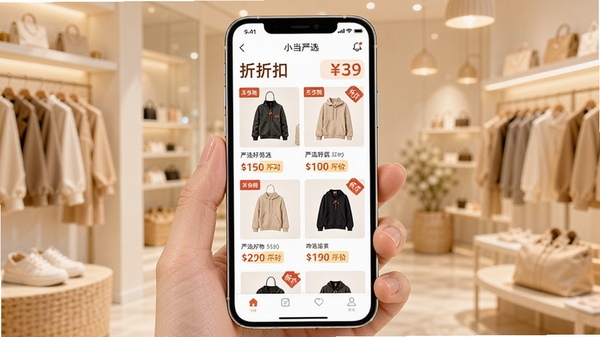 小当严选APP首页界面展示,手机屏幕中呈现品牌折扣商品瀑布流,背景为明亮温馨的购物场景,突出严选好物与低价标签,整体风格清新现代