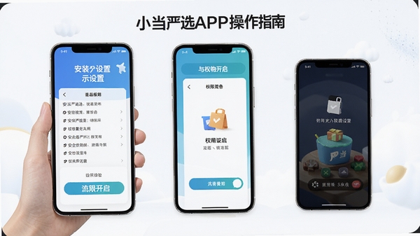 小当严选APP操作指南示意图,手机屏幕显示安装设置与权限开启步骤,画面清晰简洁,突出安全购物与流畅体验
