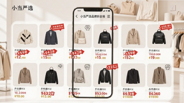 小当严选品牌折扣会场页面,手机界面显示多个品牌折扣专区入口,商品琳琅满目,价格标签醒目,背景为简约购物氛围