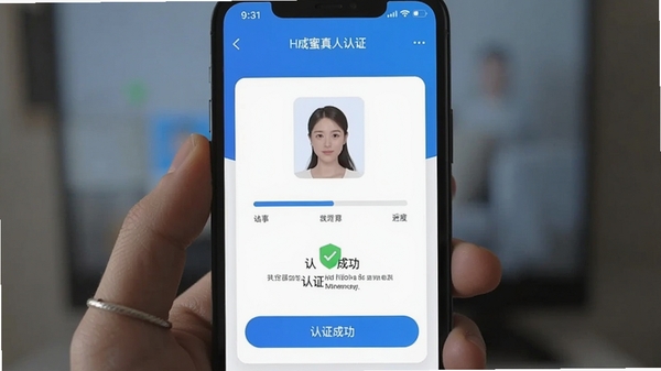 Hi蜜友真人认证界面截图,手机屏幕显示人脸识别进度条和认证成功提示,背景为清爽的蓝白色调,突出安全可靠的社交氛围