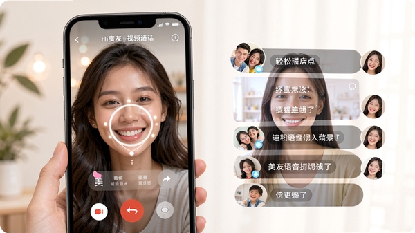 Hi蜜友语音视频通话功能展示图,手机界面显示通话中的美颜效果和虚拟背景选项,旁边有好友互动弹幕,体现轻松愉快的社交体验