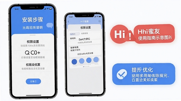 Hi蜜友使用指南示意图,手机屏幕展示安装步骤和权限设置界面,旁边有红色警示图标和蓝色优化提示,帮助用户直观理解操作要点