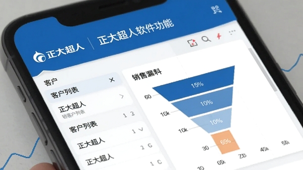 正大超人软件功能界面截图,展示客户列表与销售漏斗图表,手机屏幕特写,界面清晰简洁,突出正大超人品牌标识,商务蓝色调