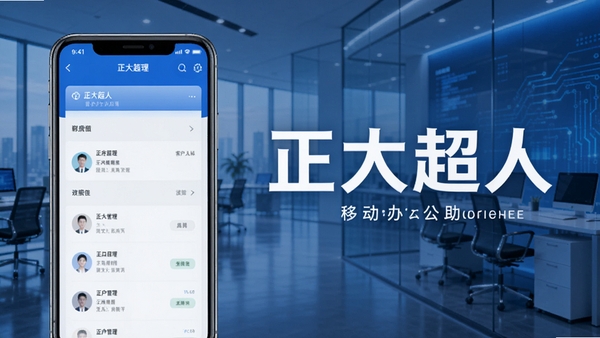 正大超人移动办公助手品牌展示图,手机屏幕显示客户管理界面,背景为现代商务办公环境,蓝色科技感色调,清晰展示软件名称正大超人