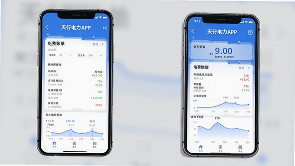 天行电力APP界面展示,手机屏幕中显示电费账单查询页面,蓝色科技风格,简洁明了的用电数据图表,官方应用商店截图风格