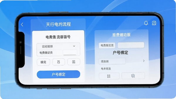 天行电力APP操作界面截图,展示电费缴纳流程和户号绑定页面,手机屏幕特写,蓝色渐变背景,清晰的功能按钮布局