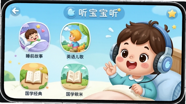 ����������APP����չʾ����ͨ�����ҳ����˯ǰ���¡�Ӣ����衢��ѧ����ȷ���ͼ�꣬һ��С���Ѵ��Ŷ�������������