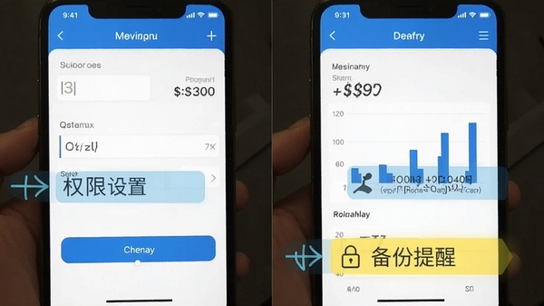 简易记账手机端操作截图,展示记账输入界面和统计页面,标注权限设置和备份提醒,蓝色主题,清晰展示操作步骤