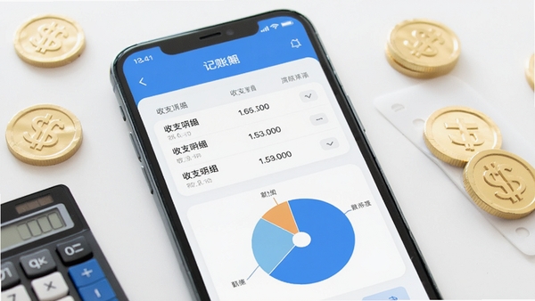 简易记账软件界面展示,手机屏幕中显示收支明细列表和饼状统计图,清新简约风格,蓝色主色调,周围有金币和计算器元素点缀,背景干净明亮