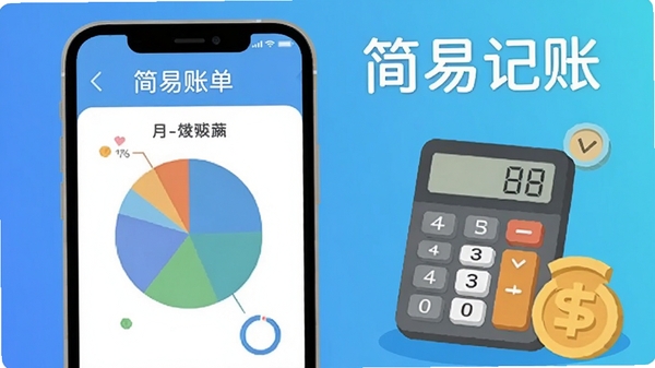 简易记账AI生图,手机展示月度账单饼状图,旁边有卡通风格的计算器和金币,界面标注简易记账字样,蓝色渐变背景,扁平化设计