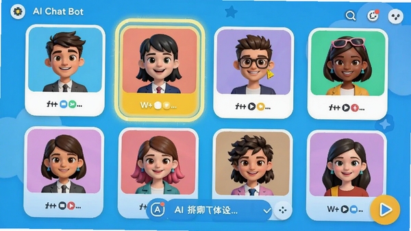 Chat bot�����ʦ��ɫ����ģʽ���棬չʾ��������ɫͷ��Ƭ���û�����ѡ��һλAI�����жԻ���������������죬����ѡ�����Ч�������ֶ�������������