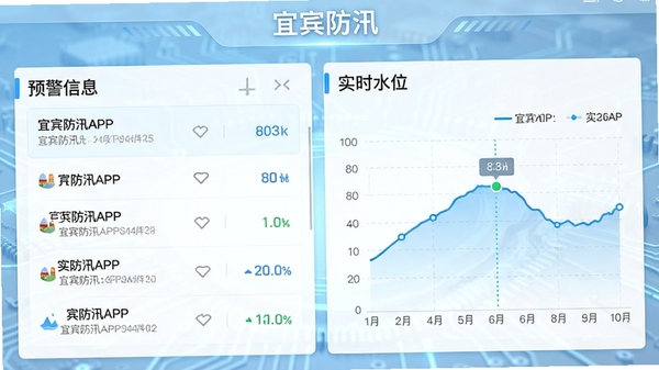 宜宾防汛APP功能界面截图,展示预警信息列表和实时水位曲线图,界面简洁清晰,标注“宜宾防汛”字样,背景为淡蓝色科技纹理,突出数据可视化元素