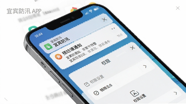 宜宾防汛APP在手机上的操作界面,展示预警推送通知和权限设置页面,背景为手机桌面,突出通知栏的预警消息,画面清晰,标注“宜宾防汛”字样