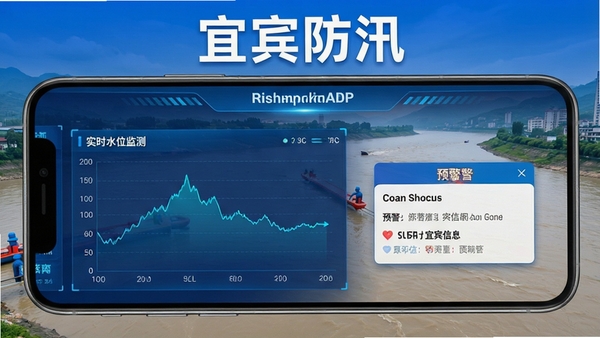 宜宾防汛APP主界面展示,手机屏幕中显示实时水位监测图表和预警信息弹窗,背景为长江宜宾段水情实景,整体风格科技感强,蓝色主色调,画面清晰明亮,软件名称“宜宾防汛”醒目显示在屏幕上方