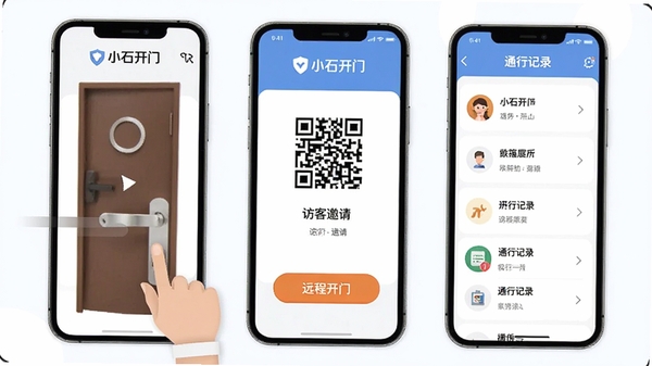 Сʯ����APP����չʾͼ����������ֻ����Ŷ������ÿͶ�ά��������桢Զ�̿��Ű�ť��ͨ�м�¼�б���ͻ����Сʯ���š�Ʒ�Ʊ�ʶ���ִ���ƽ����Ʒ��