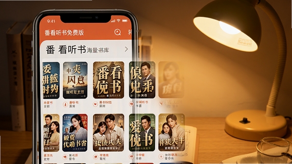 番看听书免费版海量书库界面展示,手机屏幕中显示各类小说封面整齐排列,背景为温馨的阅读灯光,突出听书软件的丰富资源