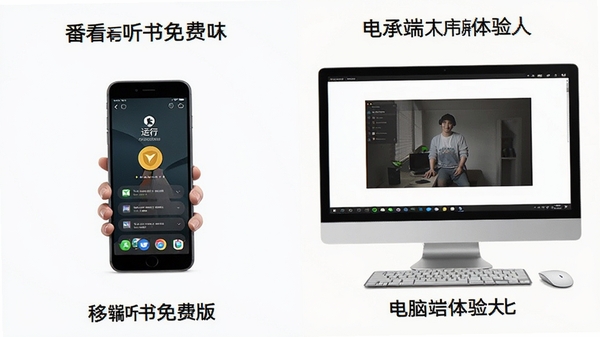 番看听书免费版在手机和电脑模拟器上运行的对比示意图,突出移动端便捷性与电脑端大屏体验,画面简洁明了