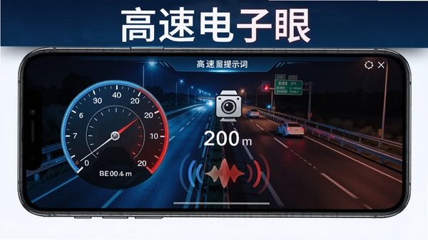 AI生图提示词:高速电子眼软件实时测速预警功能界面,手机横屏显示车辆速度表盘与前方测速摄像头图标,距离显示200米,语音播报波纹效果,背景为夜间高速公路,科技蓝与警示红配色,软件名称“高速电子眼”醒目展示
