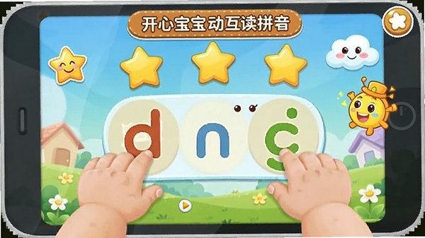 开心宝宝学拼音互动拼读游戏界面,孩子正在拖拽拼音字母进行组合,屏幕上有星星奖励和鼓励动画,卡通风格,温馨明亮