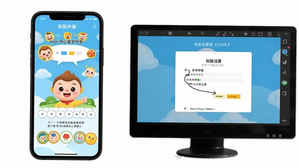 开心宝宝学拼音在手机端和电脑模拟器上的使用对比图,展示安装步骤和权限设置界面,简洁清晰的教程风格