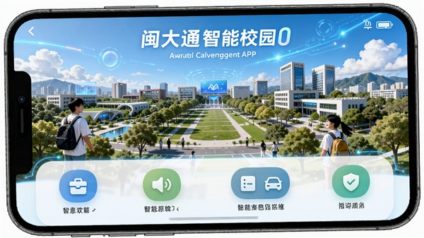 ����ͨ�ǻ�У԰APP��ӭ���棬չʾУ԰ȫ���빦��ͼ�꣬ɫ���������죬�����Ƽ������ഺ��Ϣ