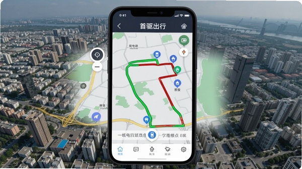 �����������ܵ������棬�ֻ���ʾĦ�г�ר��·�߹滮����ɫ��ȫ·�����ɫ����·�ζԱȣ���ͼ�ϱ�ע���վ��ά�޵�ͼ�꣬����Ϊ���и���ͼ