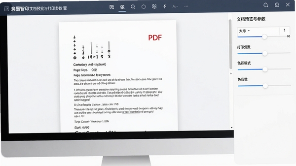 ��ī��ӡ�ĵ�Ԥ�����ӡ�������ý��棬��Ļ����ʾһ��PDF��ͬ�ĵ����Ա���ֽ�Ŵ�С����ӡ������ɫ��ģʽ�ȵ��ڻ��飬UI��Ƽ��ֱ��