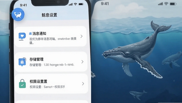 鲸的管家移动端设置界面展示,突出消息通知、存储管理与权限设置选项,帮助用户优化使用体验