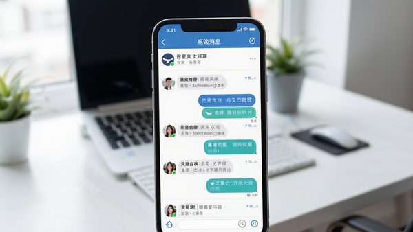 鲸的管家移动端即时消息界面展示,手机屏幕中呈现群组聊天列表与消息气泡,背景为简洁办公桌面,突出高效沟通氛围