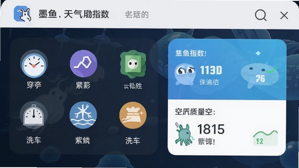墨鱼天气助手app生活指数页面,展示穿衣、紫外线、洗车等图标和空气质量指数卡片