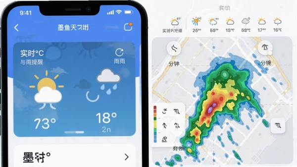 墨鱼天气助手app首页展示实时温度与降雨提醒的界面截图,手机屏幕中显示城市天气卡片和分钟级降水雷达图