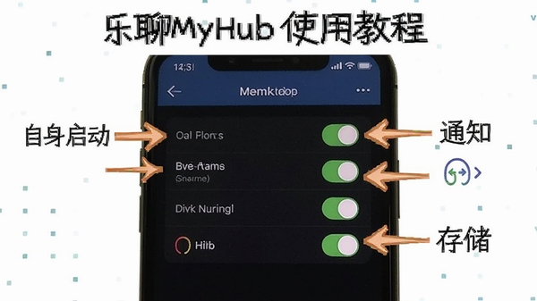����MyHubʹ�ý̳�ͼ�⣬�ֻ���Ļ��ʾȨ�����ý��棬��ע����������֪ͨ���洢�ȹؼ�Ȩ�޿���λ�ã����м�ͷָ��