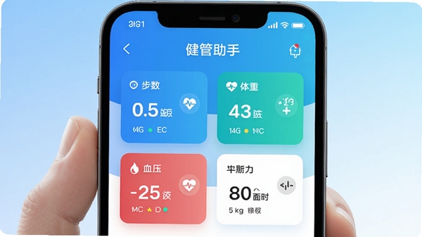 健管助手APP主界面健康数据看板展示图,手机屏幕中呈现步数、体重、血压等数据卡片,背景为清爽的蓝白渐变色调,突出个人健康管理工具的专业感与科技感