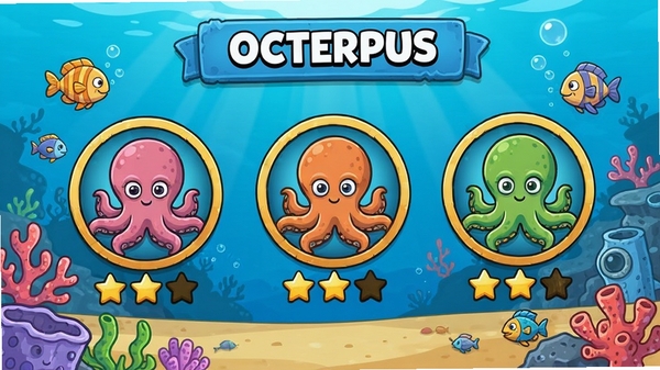 Octerpus��Ϸ�ؿ�ѡ����棬չʾ����Ѷȵȼ�������ͼ����Ǽ����֣���ͨ���󱳾�